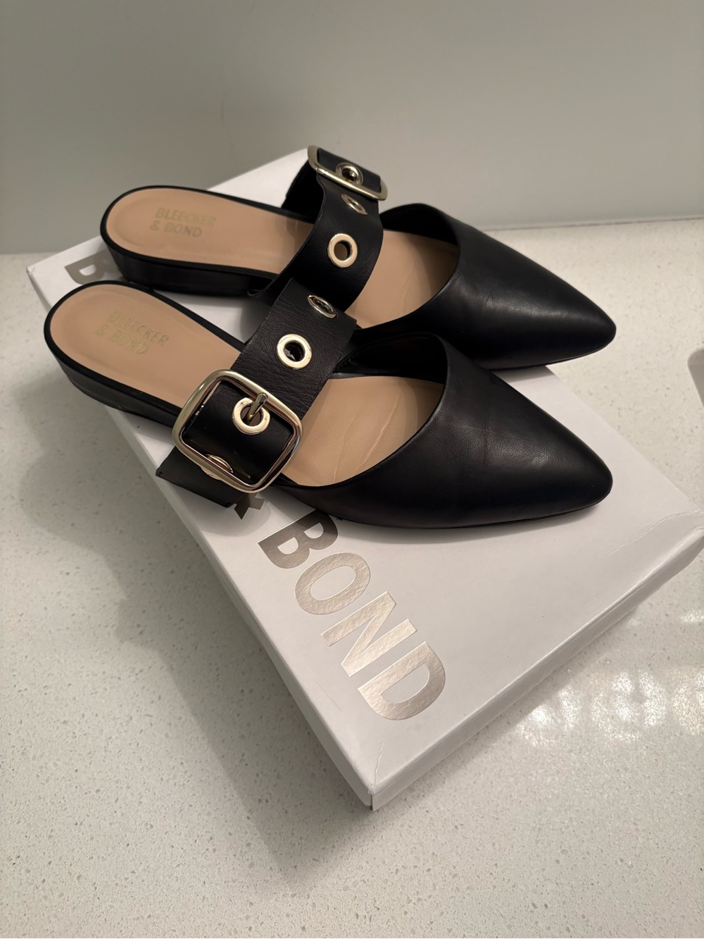 Bleecker and Bond Black Pointed Mule with Gold Buckle Strap